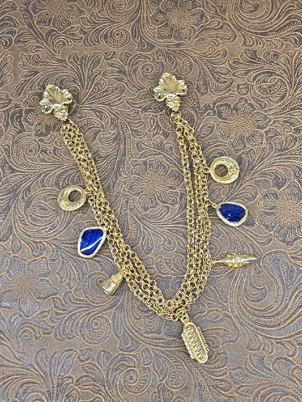 Vintage Charm Sweater Pin Guard Multi Chain Blue Stone Gold Color Necklace